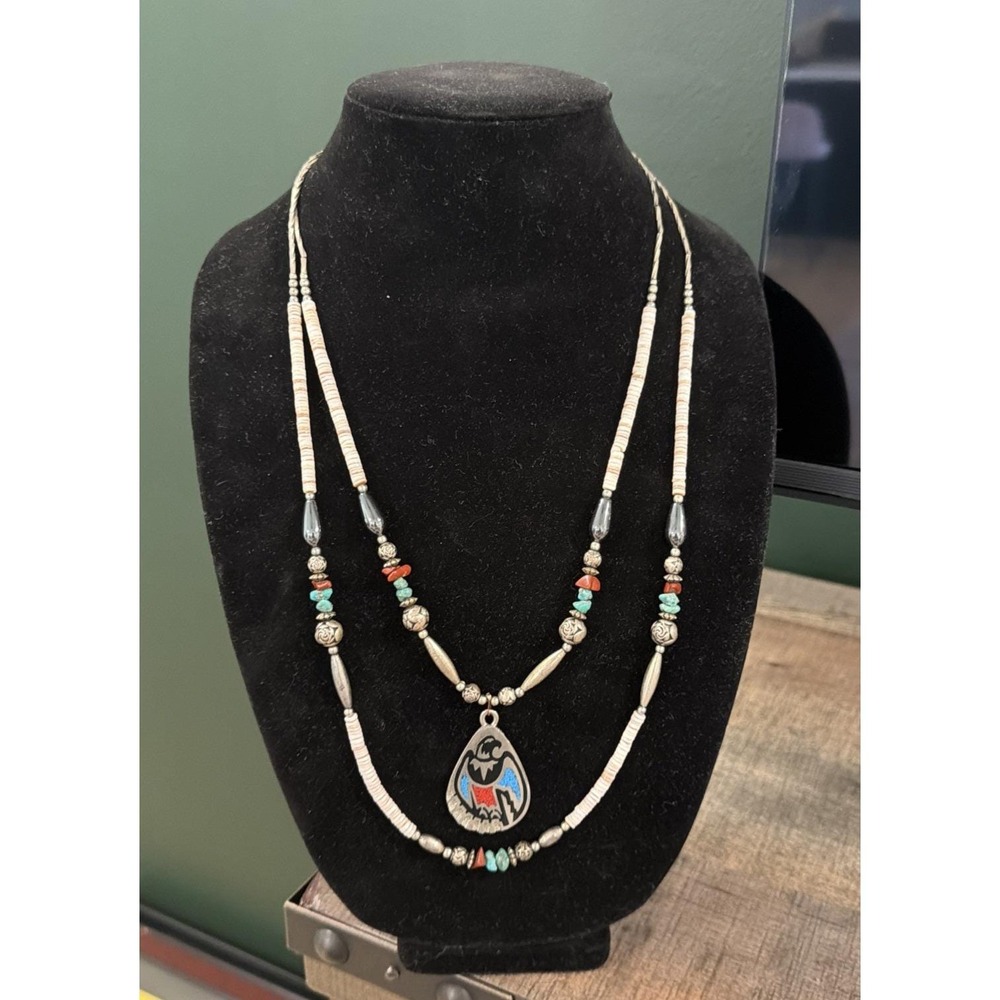 VTG Southwestern Double Strand Necklace Inlay Pendant Turquoise Heishi Boho 26"